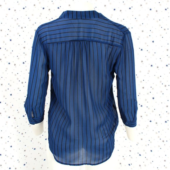 3/4 Sleeve Sheer Stripe Blouse Top Royal Blue - Picture 6 of 7